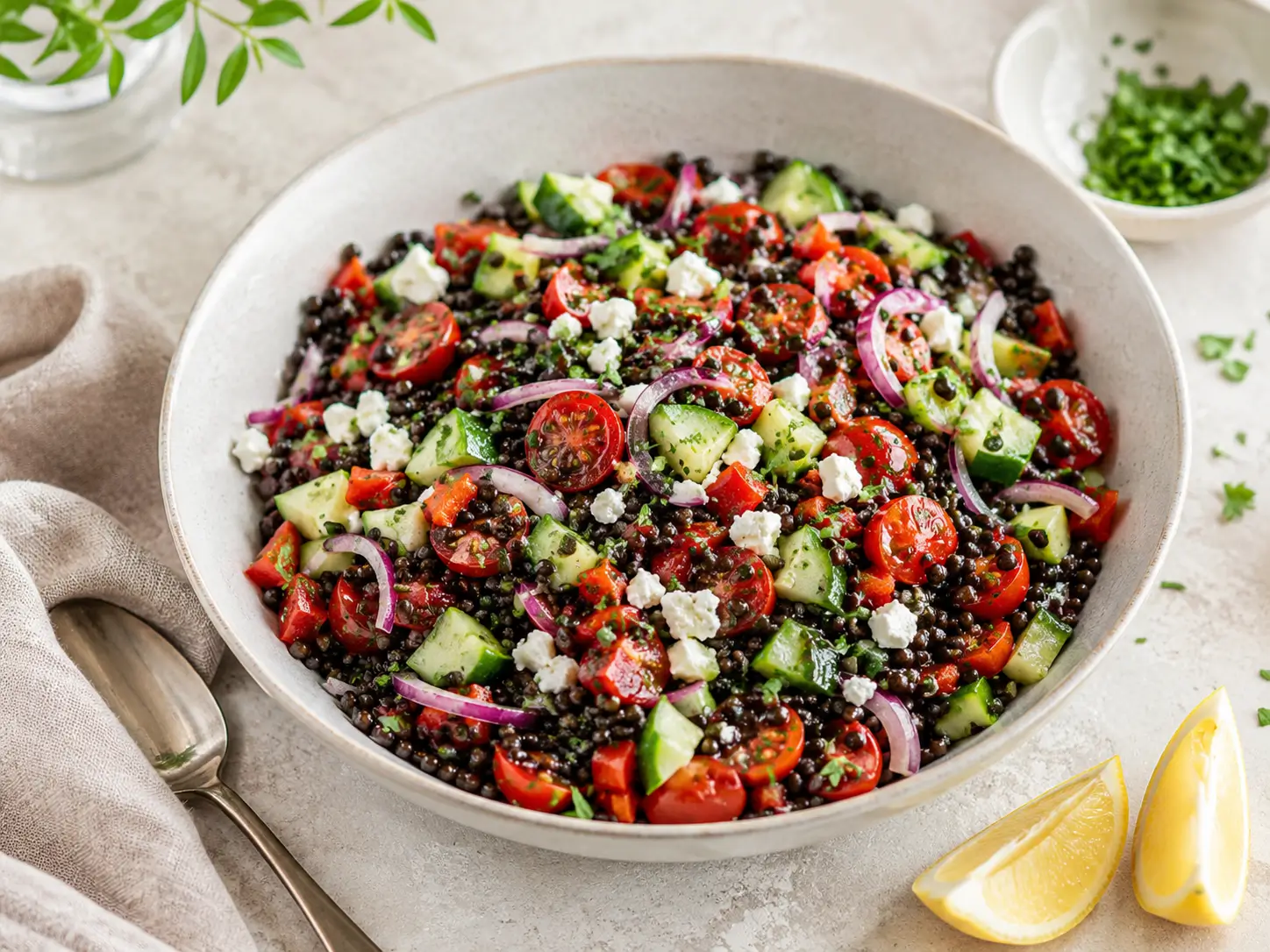 beluga linsen salat mit Gemüse, Feta und Zitronen-Dressing