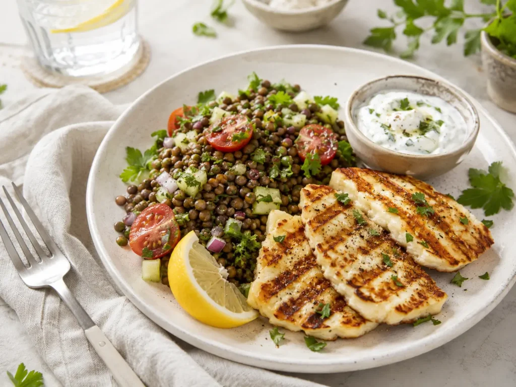 beluga linsen salat mit Halloumi als sättigendes Mittagessen