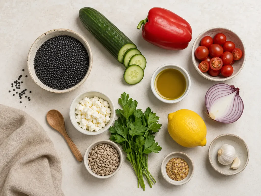 Zutaten für beluga linsen salat mit Gemüse und Dressing