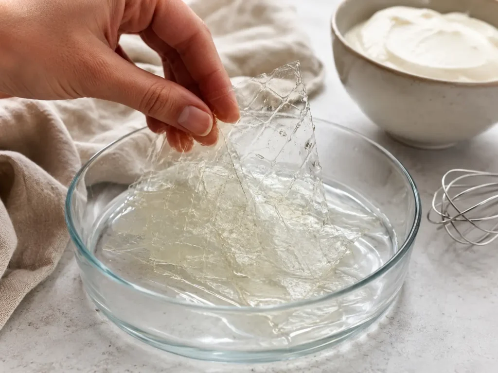 Blatt Gelatine in kaltem Wasser einweichen für Tortencreme
