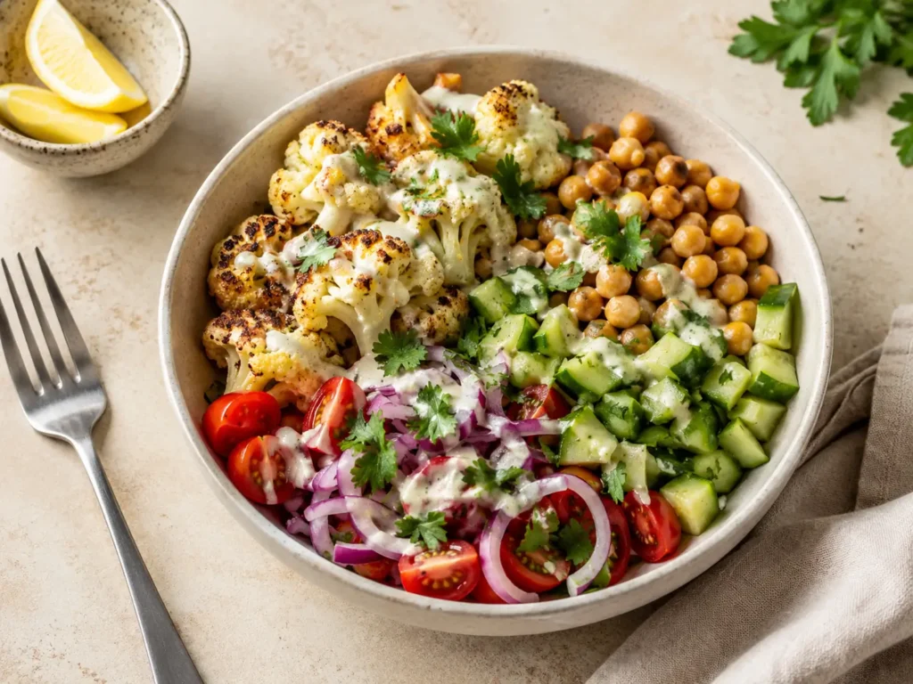 Gesunde Blumenkohl Bowl mit Kichererbsen, Gemüse und Tahini-Zitronen-Dressing