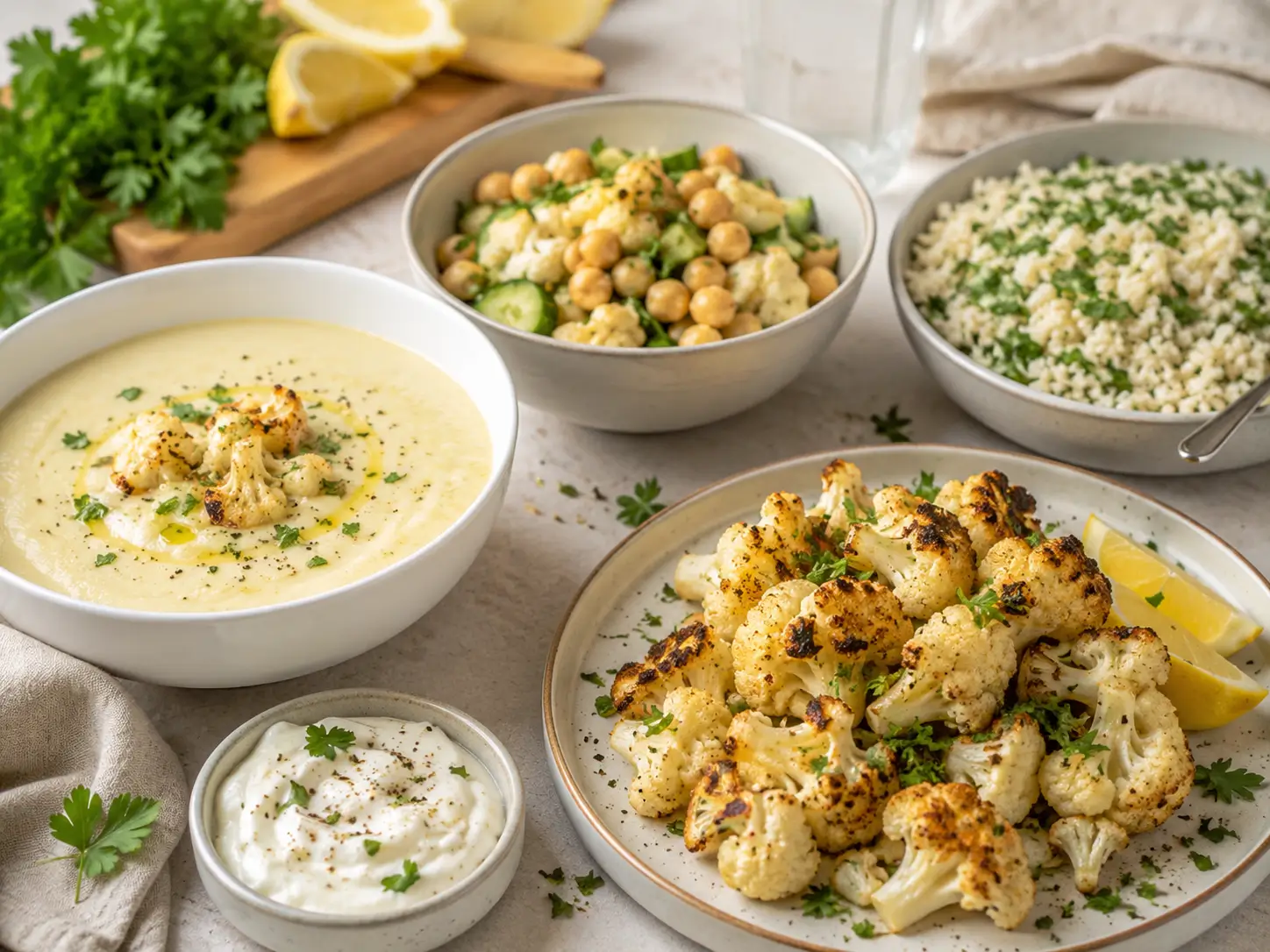 Blumenkohl Rezepte gesund mit Ofen-Blumenkohl, Suppe, Bowl und Blumenkohlreis