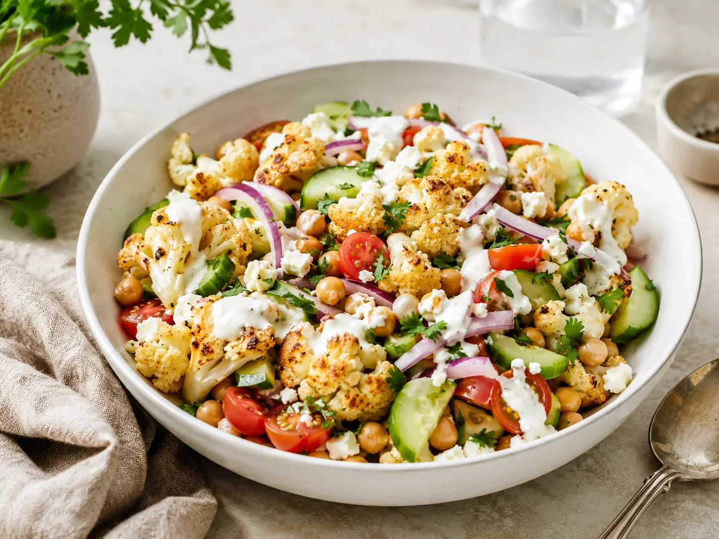 Blumenkohl Salat aus dem Ofen mit Feta, Kichererbsen und Zitronen-Dressing