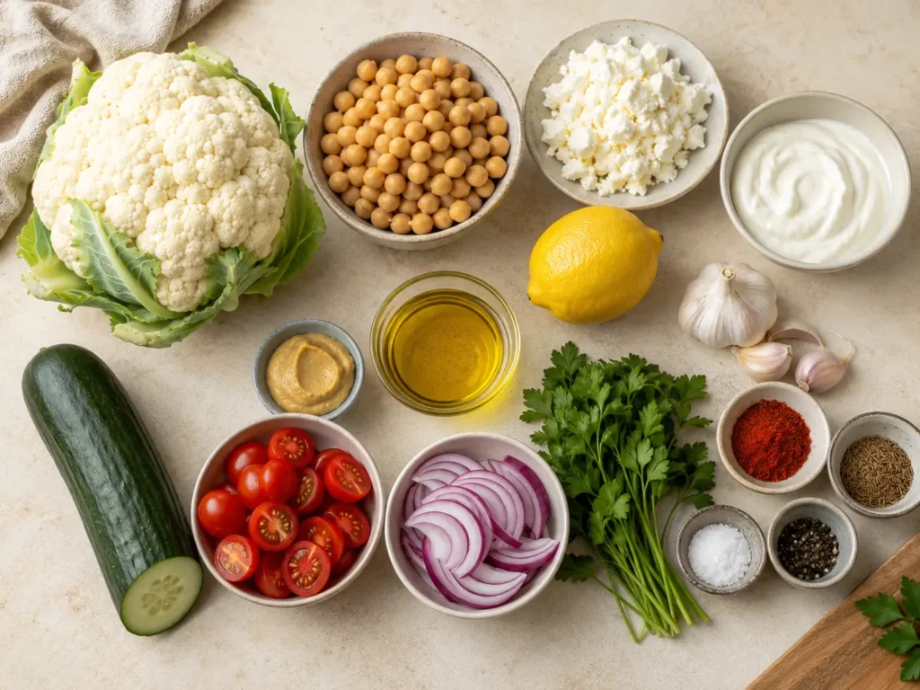 Zutaten für Blumenkohl Salat mit Blumenkohl, Kichererbsen, Feta und Zitronen-Dressing