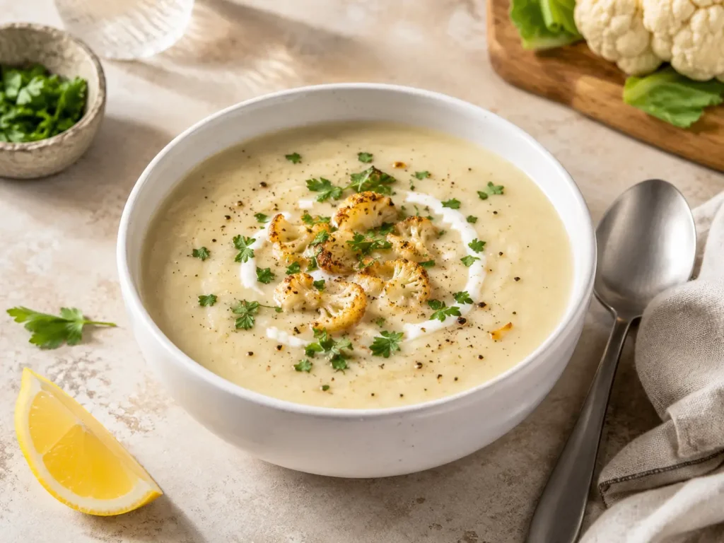 Gesunde Blumenkohl-Suppe ohne Sahne mit Kräutern und Joghurt