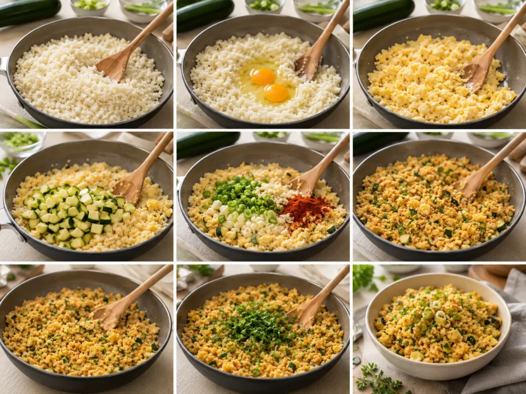Blumenkohlreis mit Ei und Gemüse als Abendessen ohne Kohlenhydrate