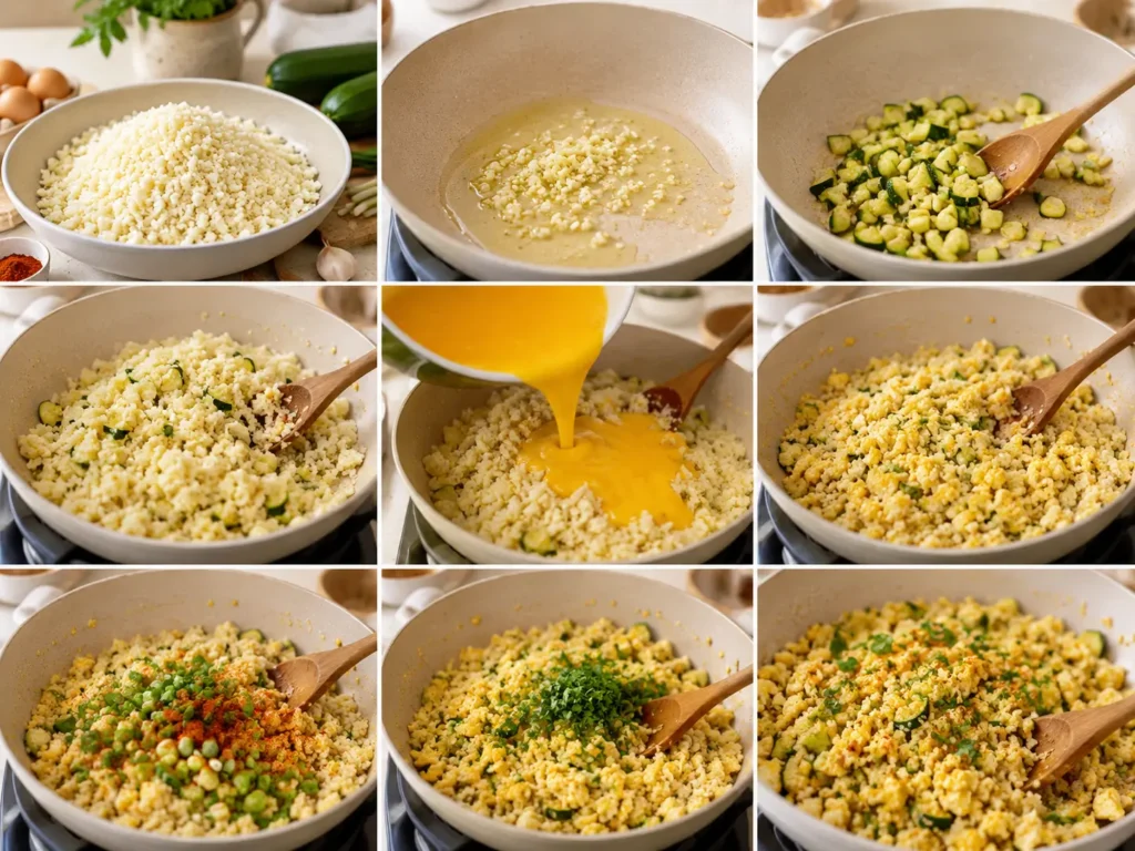 Blumenkohlreis-Pfanne mit Ei und Gemüse für ein Low Carb Abendessen