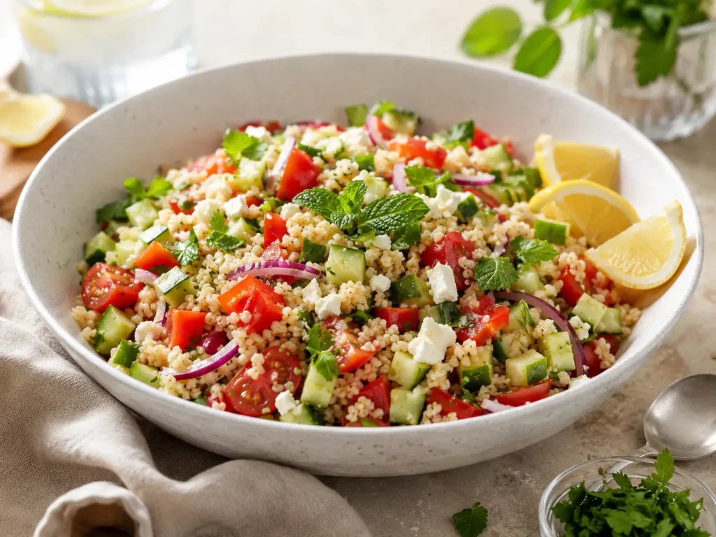 Bulgur Salat mit frischem Gemüse, Kräutern und Zitronen-Dressing