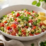 Bulgur Salat mit frischem Gemüse, Kräutern und Zitronen-Dressing
