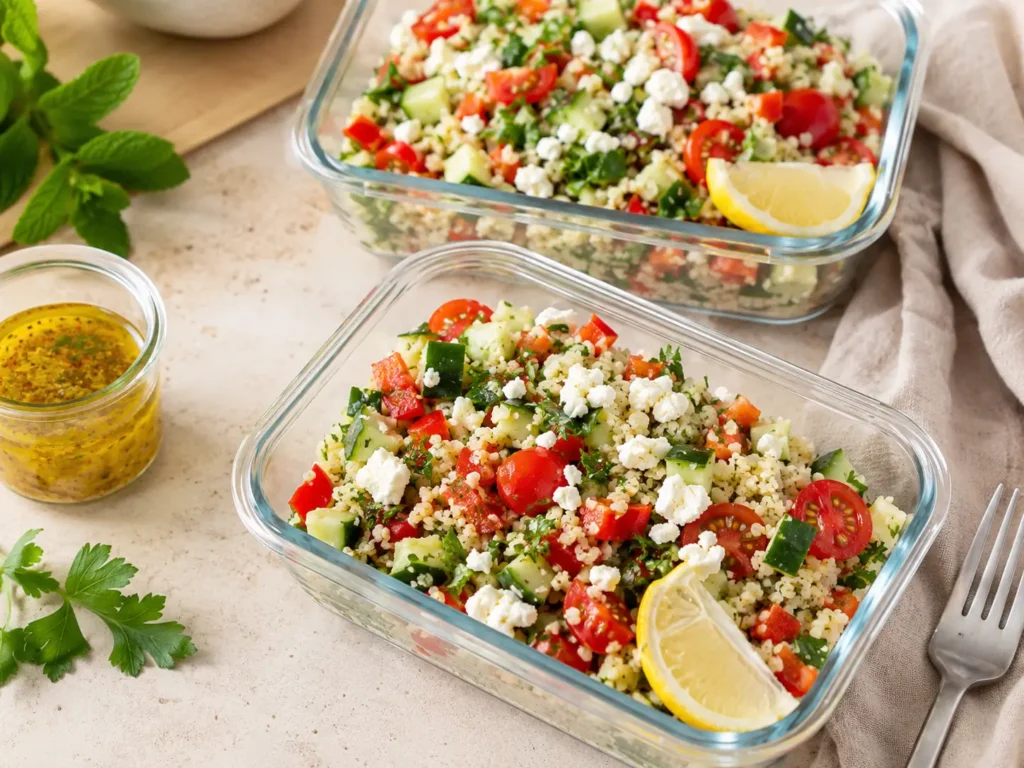 Bulgur Salat als Meal Prep in Glasboxen für Büro und Mittagessen