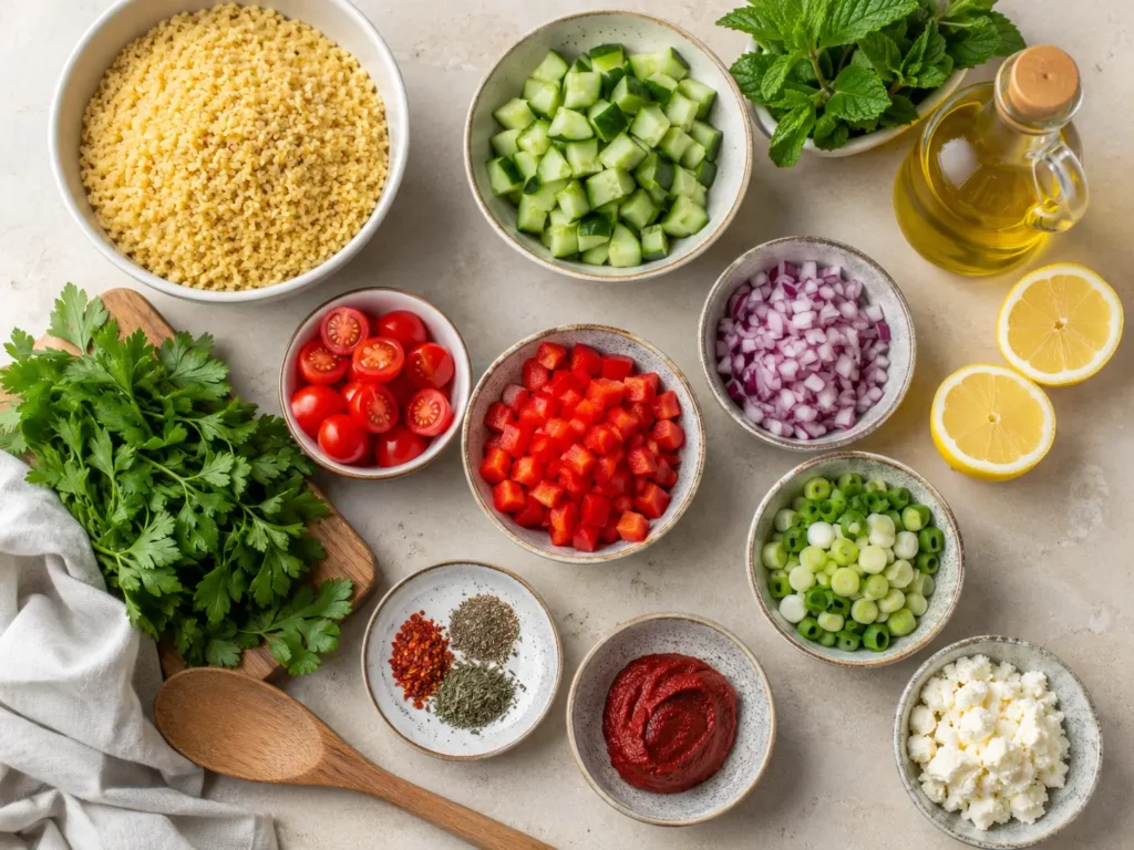 Zutaten für Bulgur Salat mit Gemüse, Kräutern, Zitrone und Olivenöl