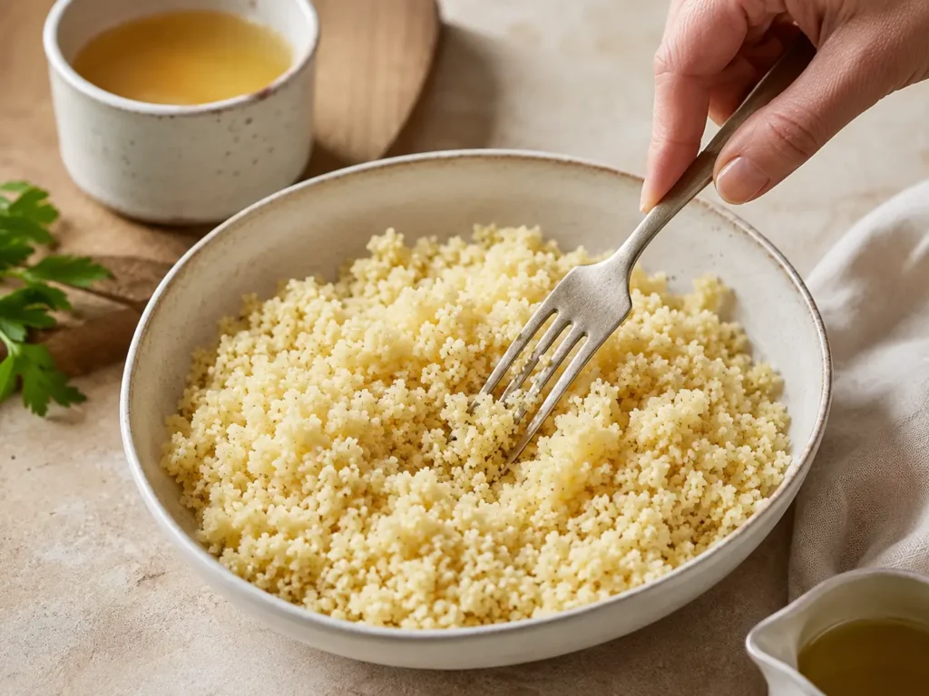Couscous mit einer Gabel auflockern für lockeren Couscous-Salat