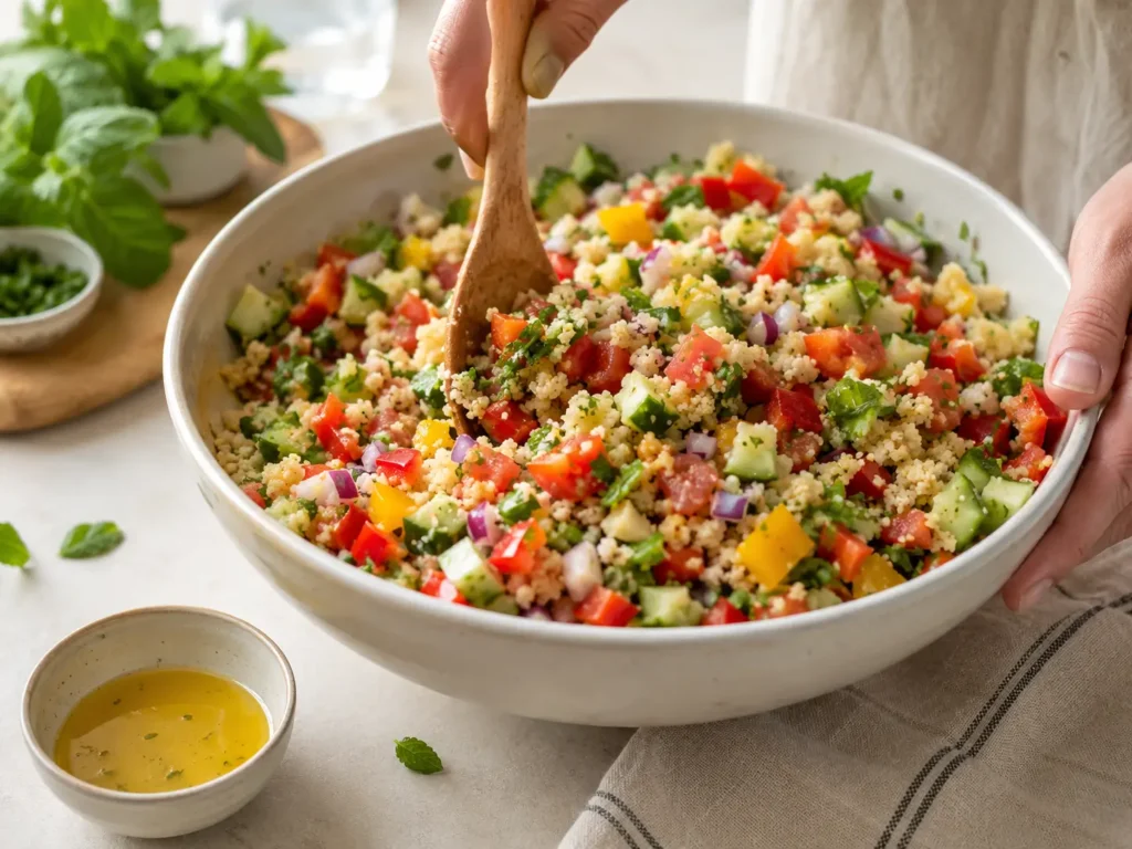 Couscous-Salat mit Gemüse und Zitronen-Dressing mischen