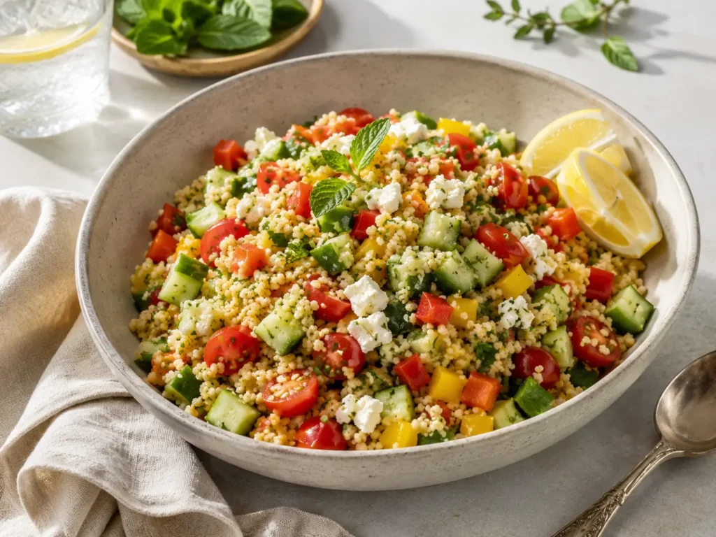 Couscous Salat mit Gemüse, Feta, Kräutern und Zitronen-Dressing