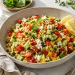 Couscous Salat mit Gemüse, Feta, Kräutern und Zitronen-Dressing