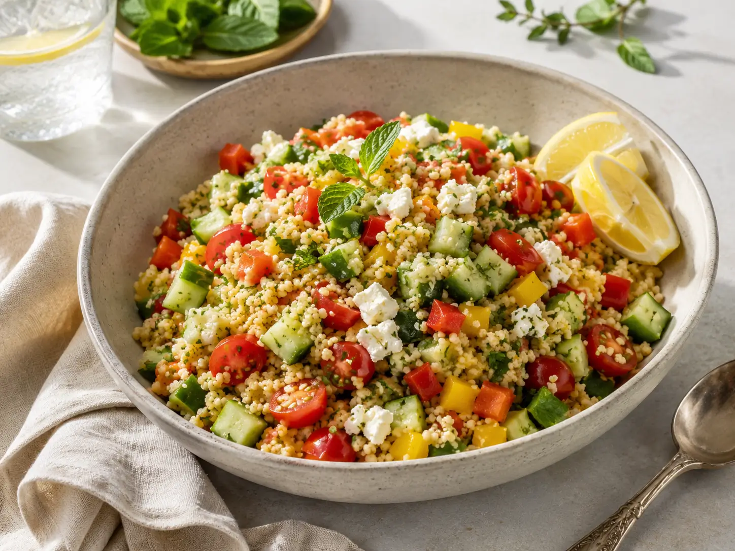 Couscous Salat mit Gemüse, Feta, Kräutern und Zitronen-Dressing