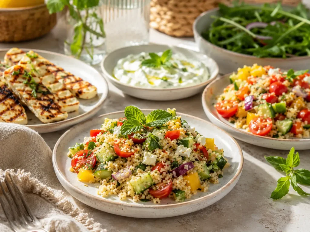Couscous-Salat servieren mit Halloumi, Dip und grünem Salat