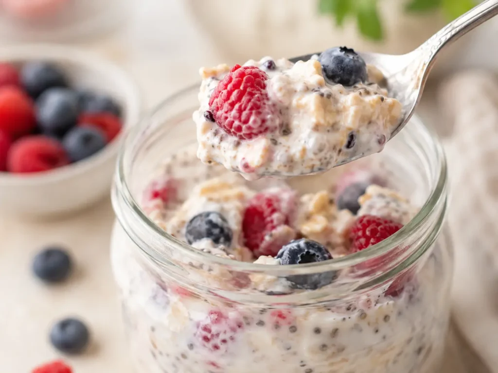 Cremige Overnight Oats abnehmen mit Beeren auf einem Löffel