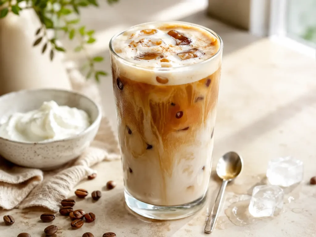 cremiger Protein Eiskaffee mit Skyr als leichte more iced coffee Alternative