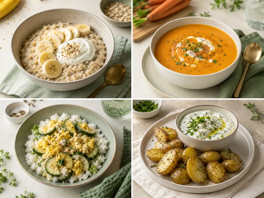 Darmfreundliche Rezepte mit vier milden Ideen aus Haferbrei, Suppe, Reisgericht und Ofenkartoffeln