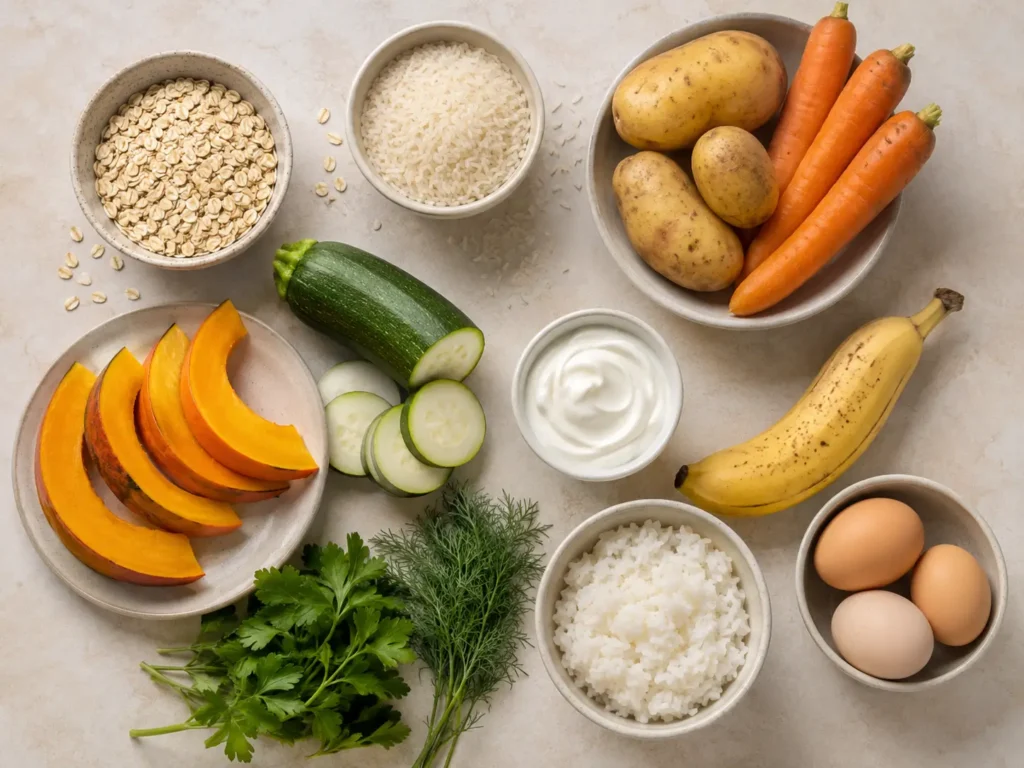 Zutaten für darmfreundliche Rezepte mit Haferflocken, Reis, Kartoffeln und Gemüse