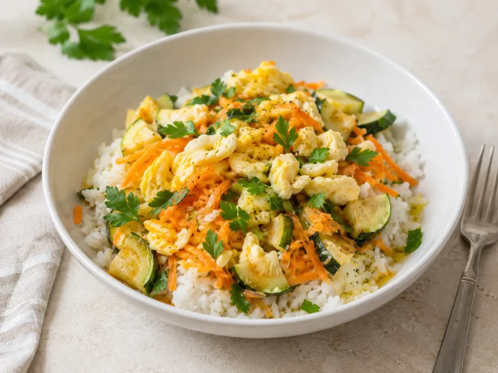 Darmfreundliches Abendessen mit Reis, Zucchini und Ei