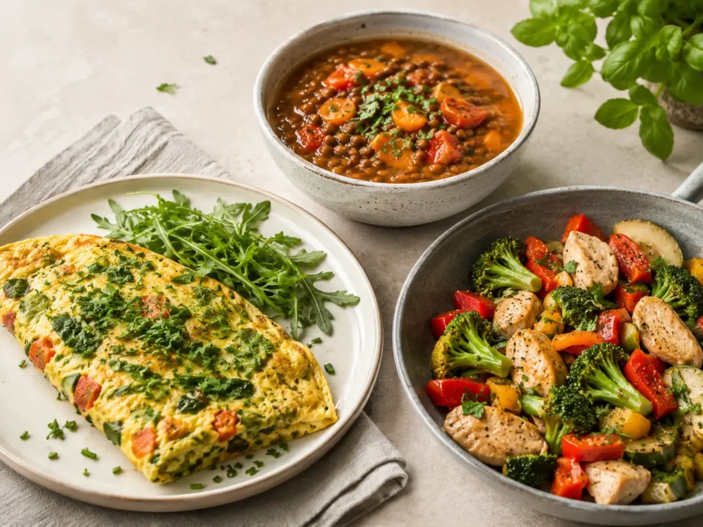 Einfache Ideen für Abendessen zum Abnehmen mit Omelett Linsensuppe und Gemüsepfanne