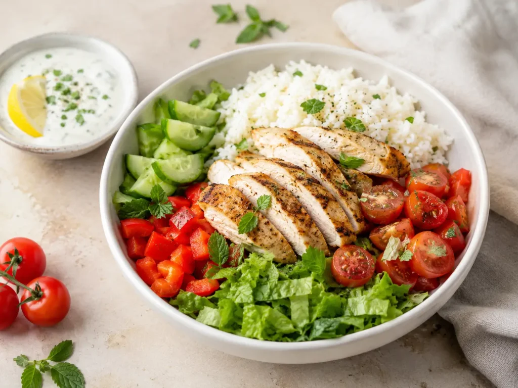Eiweißreiche Hähnchen Bowl mit Reis, Gemüse und Joghurt Dressing
