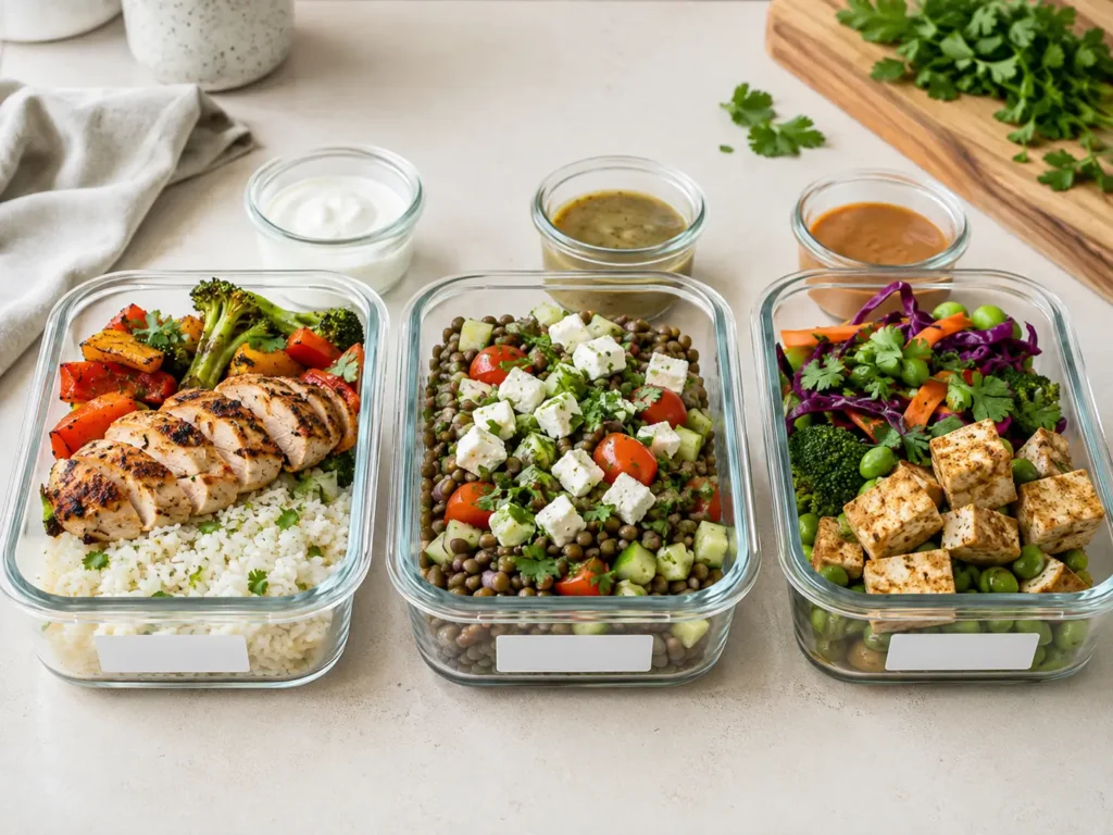 Eiweißreiche Rezepte als Meal Prep mit Hähnchen Bowl, Linsensalat und Tofu Gemüse Bowl