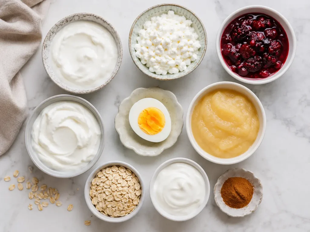 Eiweißreiche Zutaten für bariatrisches Frühstück mit Skyr Quark Ei und Haferflocken