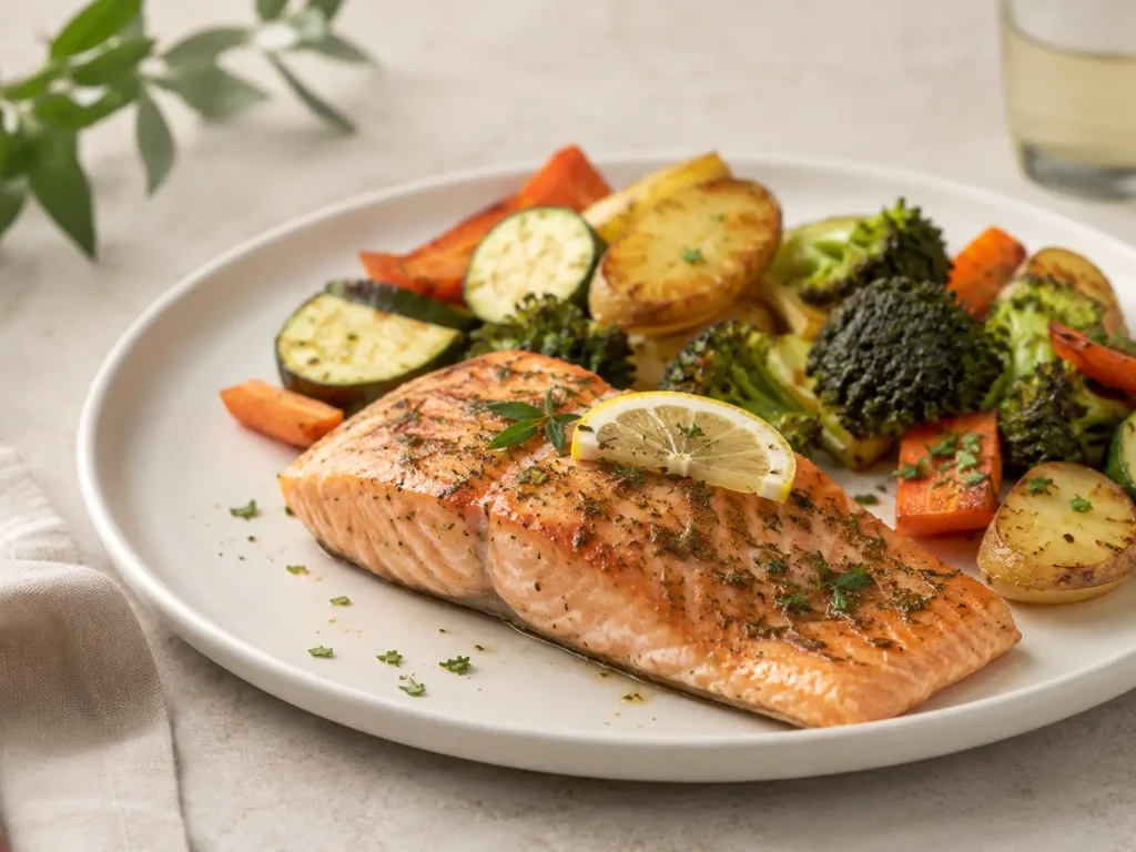 Eiweißreiches Abendessen mit Lachs aus dem Ofen, Gemüse und Kartoffeln