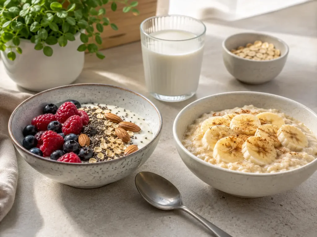 Eiweißreiches Frühstück mit Skyr Bowl, Beeren, Haferflocken und Protein Porridge