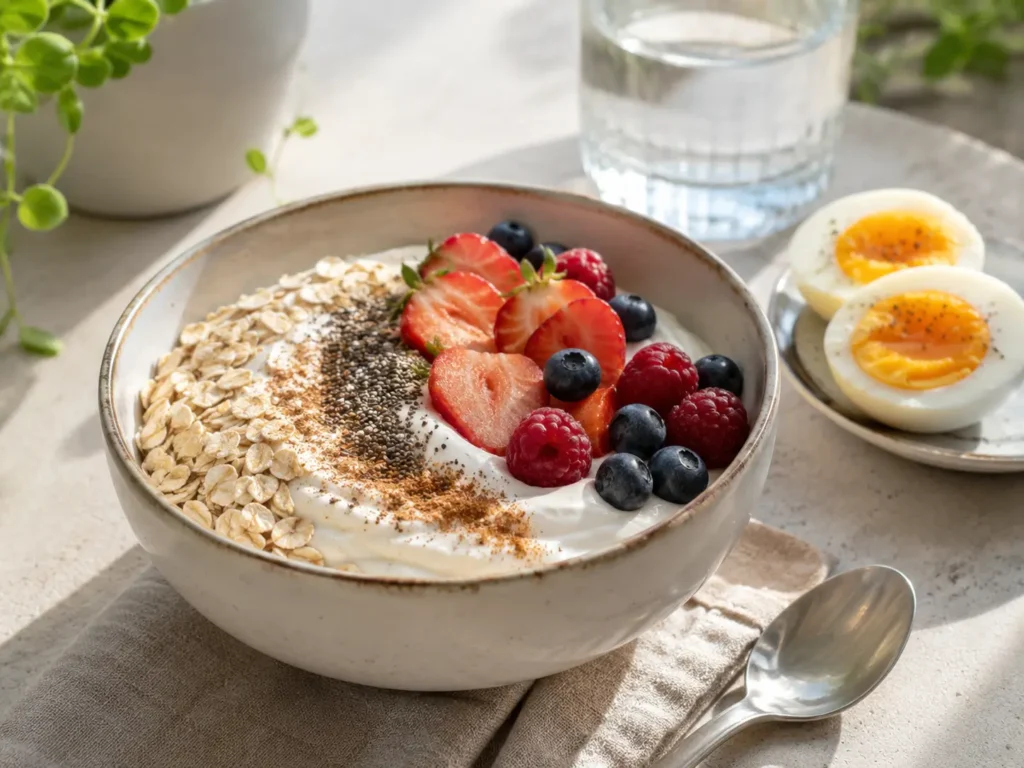 Eiweißreiches Frühstück zum Abnehmen mit Skyr Beeren und Haferflocken