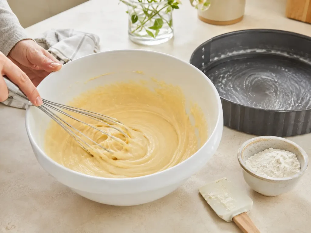 Rührteig für Erdbeerkuchen Boden wird in einer weißen Schüssel angerührt