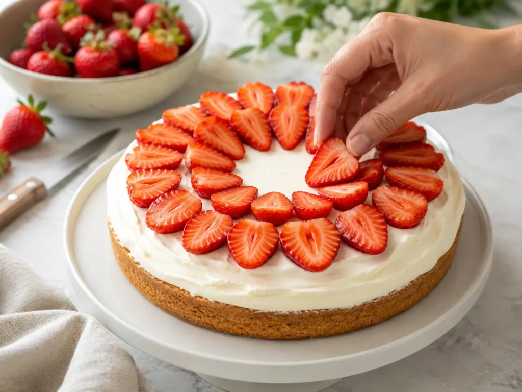 Erdbeeren werden kreisförmig auf Vanillecreme für Erdbeerkuchen gelegt