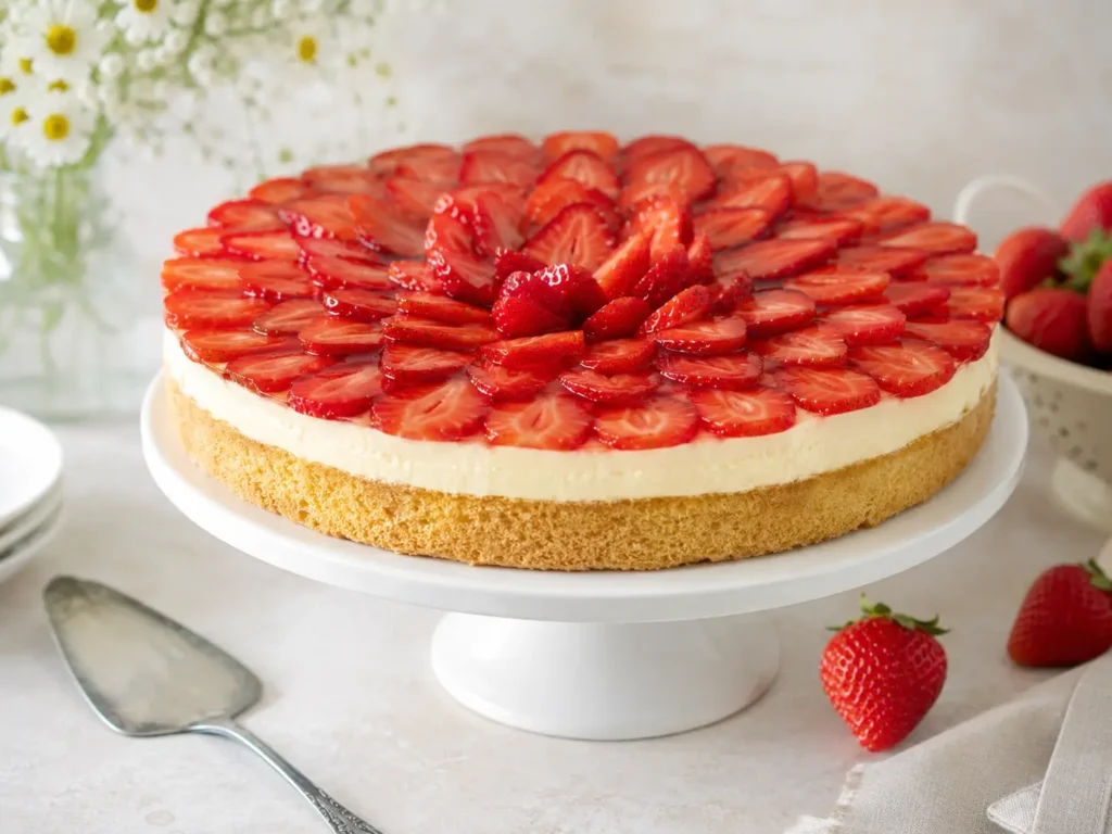 Erdbeerkuchen ohne Gelatine mit frischen Erdbeeren und Vanillecreme auf einem hellen Kuchenteller
