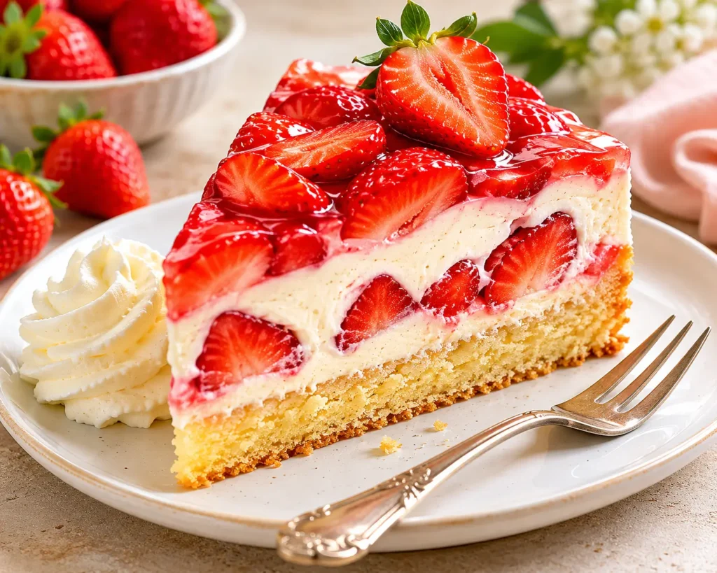 Stück Erdbeerkuchen ohne Gelatine mit Vanillecreme und frischen Erdbeeren