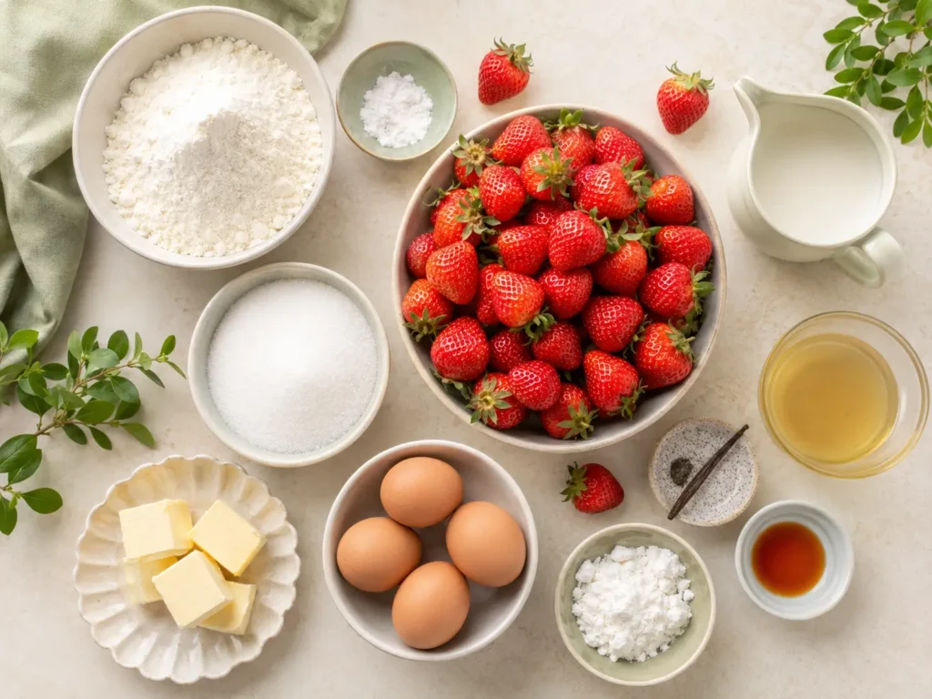 Zutaten für Erdbeerkuchen ohne Gelatine mit Erdbeeren, Vanille, Milch, Speisestärke und Mehl