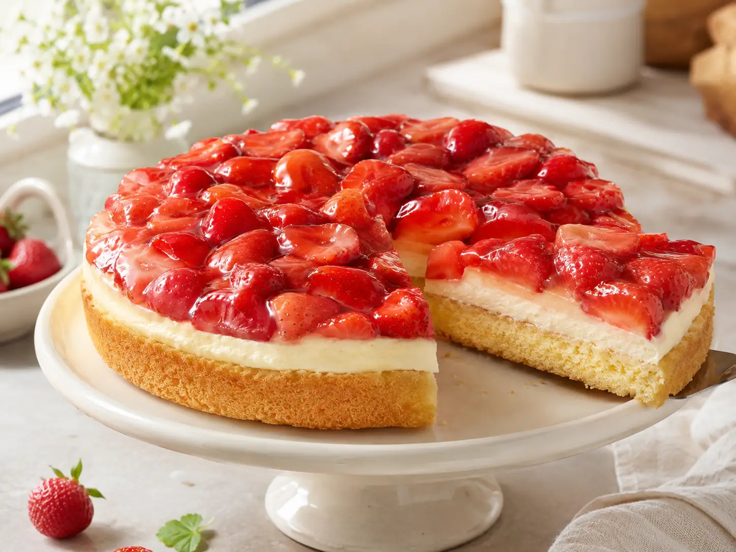 Klassischer Erdbeerkuchen mit Vanillecreme, frischen Erdbeeren und Tortenguss auf einer Tortenplatte