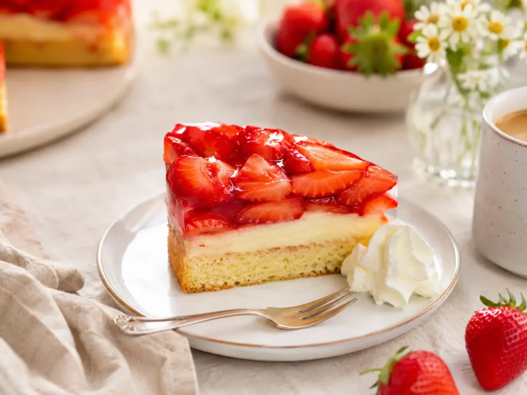 Ein Stück Erdbeerkuchen mit Vanillecreme, Erdbeeren, Tortenguss und Sahne auf einem Teller