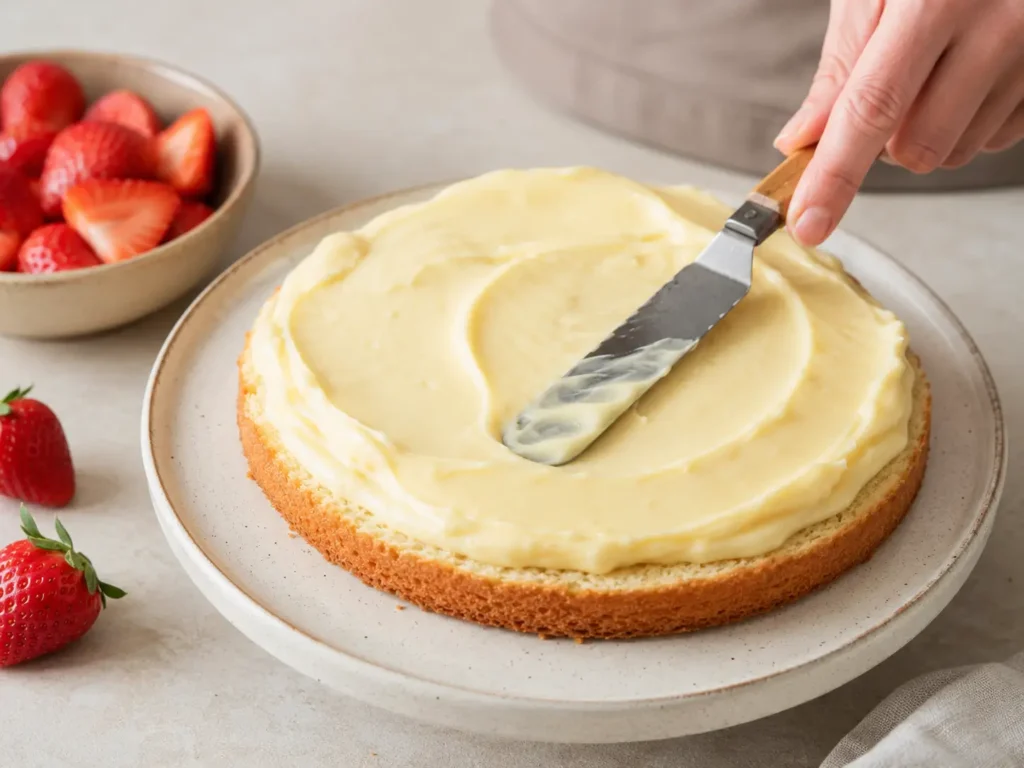 Vanillecreme wird auf den Boden für Erdbeerkuchen gestrichen