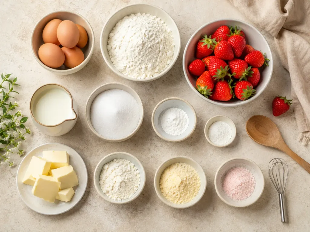 Zutaten für Erdbeerkuchen mit Erdbeeren, Mehl, Eiern, Butter, Milch und Vanillepudding