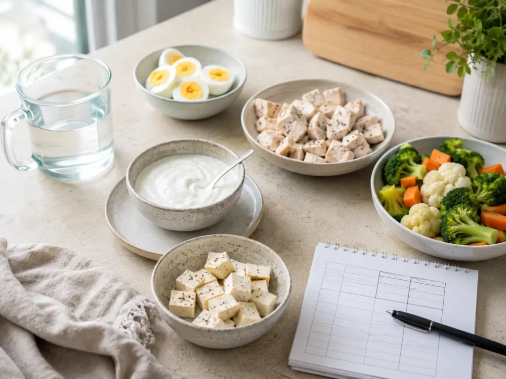 Proteinreiche Ernährung vor bariatrischer Operation mit Skyr, Ei, Tofu, Gemüse und Wasser
