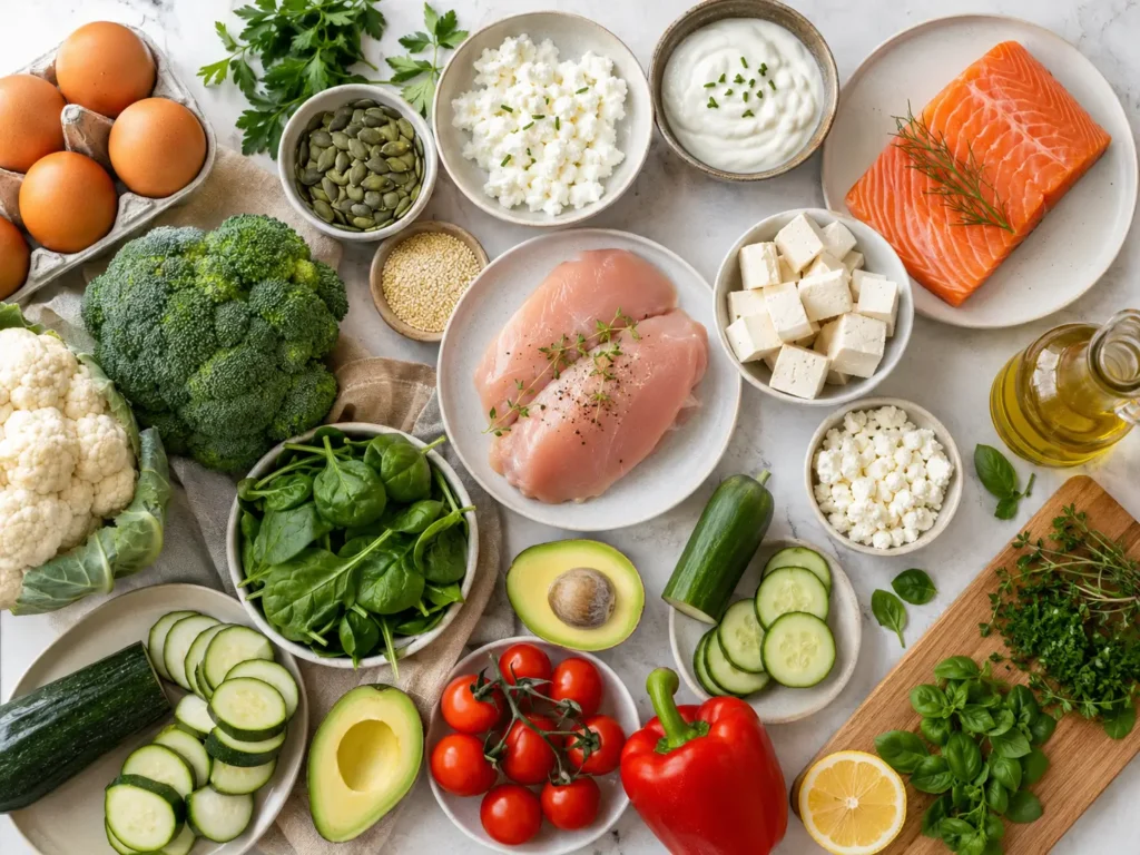 Einkaufsliste für Essen ohne Kohlenhydrate mit Gemüse, Ei, Fisch, Tofu und Käse