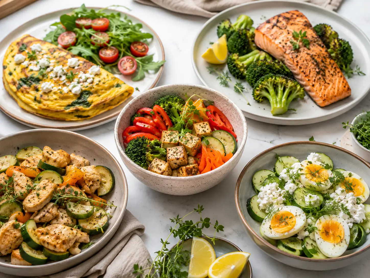 Essen ohne Kohlenhydrate mit Gemüse, Ei, Lachs, Hähnchen und Tofu