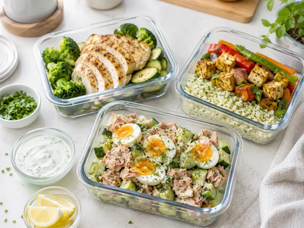 Meal Prep für Essen ohne Kohlenhydrate mit Hähnchen, Thunfisch, Ei, Tofu und Gemüse
