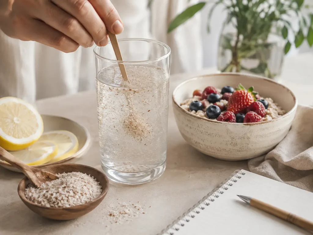 Flohsamenschalen abnehmen mit Wasser und gesunder Haferflocken-Bowl