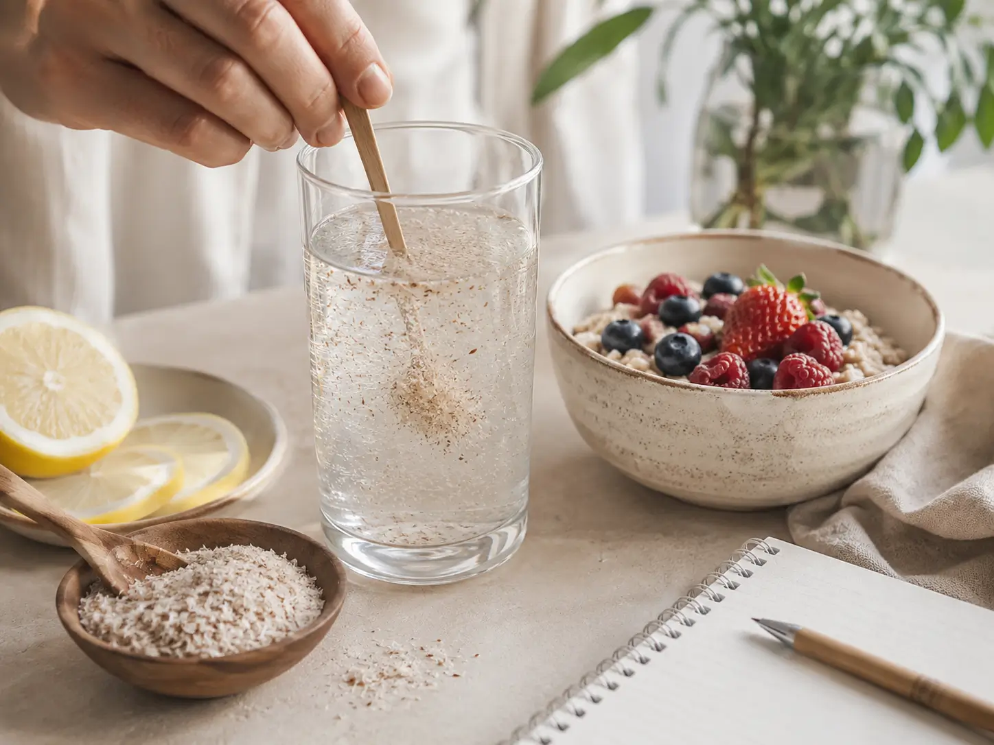 Flohsamenschalen abnehmen mit Wasser und gesunder Haferflocken-Bowl