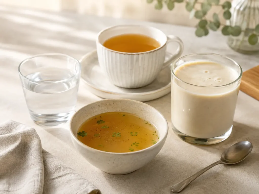 Flüssige Phase nach bariatrischer OP mit Wasser, Tee, Brühe und proteinreichem Getränk