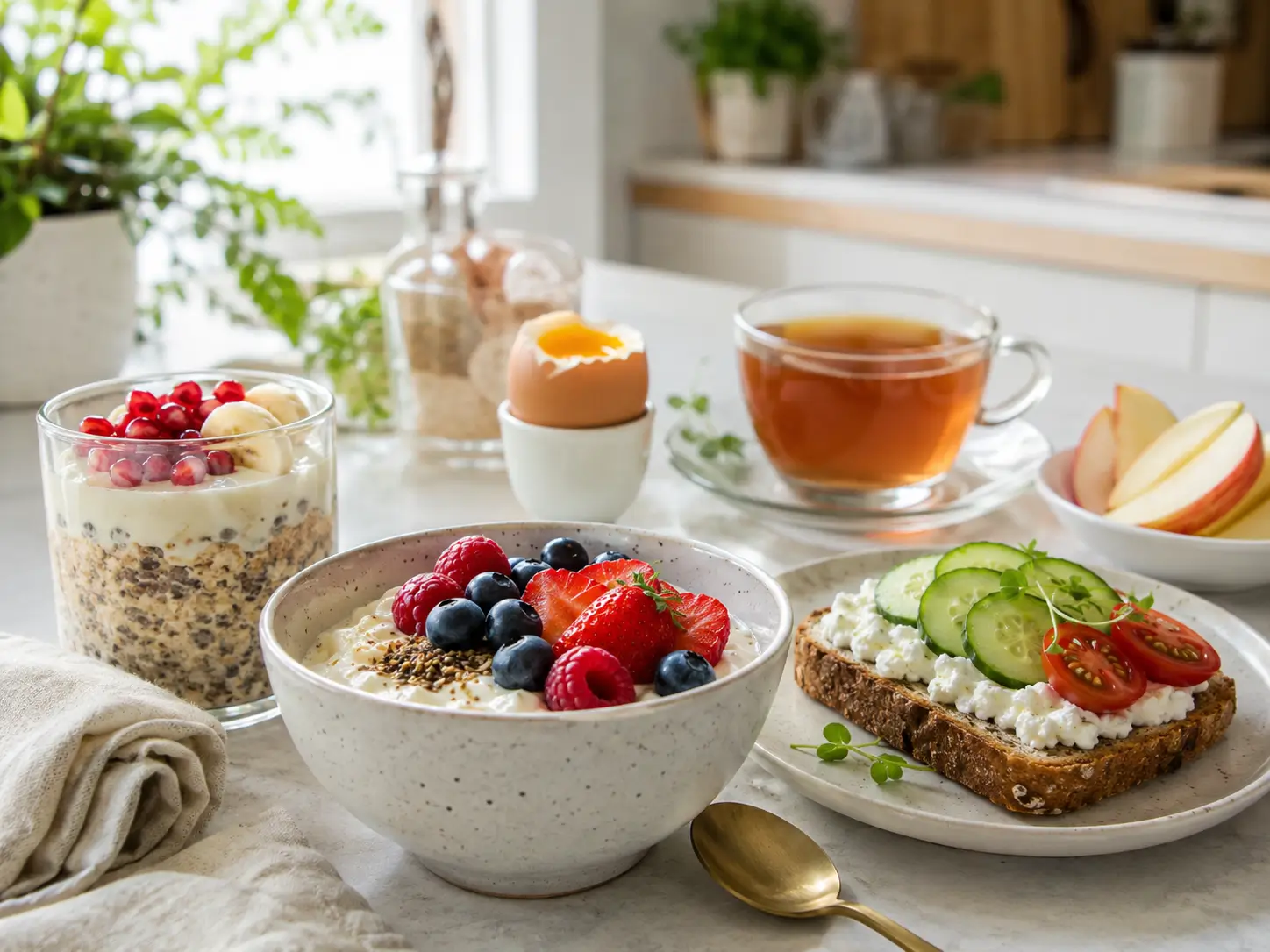 Frühstück zum Abnehmen mit Skyr Bowl, Haferflocken, Ei und frischem Obst